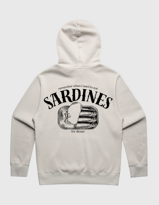  hoodie with a graphic design on the back featuring sardines and text.